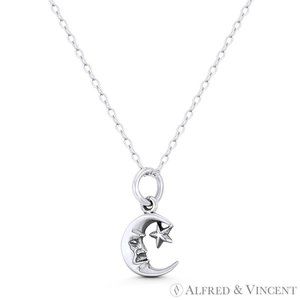 Crescent Moon & Star Astrological Charm Pendant in Oxidized .925 Sterling Silver